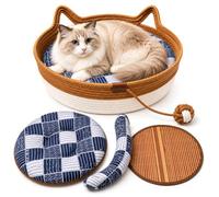 Générique Handwoven Cat Basket Bed, Cotton Rope Cat Scratcher with Ball Toy (Brown,Medium)