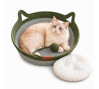 Générique Handwoven Cat Basket Bed - Cozy Wicker Style Basket for Cats - Breathable Cotton Rope Cat Toy Basket with Play Toy Tail & Ears for All Season Rest (Green, M)