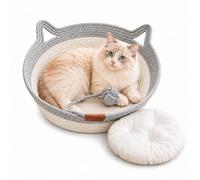 Générique Handwoven Cat Basket Bed - Cozy Wicker Style Basket for Cats - Breathable Cotton Rope Cat Toy Basket with Play Toy Tail & Ears for All Season Rest (Gray, L)