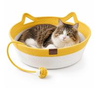 Générique Handwoven Cat Basket Bed with Hanging Ball Toy, Instinct Basket for Cats Scratching, Breathable Pet Nest for Indoor Cats Sleeping, Playing and Relaxing (Yellow,S(13.8x5.1in))