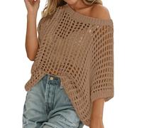 Générique Haut Crochet Femme Sexy Hollow Out Col Rond Manches Courtes Tricot Pull Décontracté Léger Respirant D'été Pull Femme Grande Taille Ample Sweat pour la Plage, Vacances, Quotidien