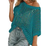 Générique Haut Crochet Femme Sexy Hollow Out Col Rond Manches Courtes Tricot Pull Décontracté Léger Respirant D'été Pull Femme Grande Taille Ample Sweat pour la Plage, Vacances, Quotidien