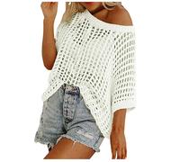 Générique Haut Crochet Femme Sexy Hollow Out Col Rond Manches Courtes Tricot Pull Décontracté Léger Respirant D'été Pull Femme Grande Taille Ample Sweat pour la Plage, Vacances, Quotidien