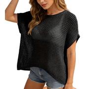 Générique Haut Crochet Femme Sexy Hollow Out Col Rond Manches Courtes Tricot Pull Décontracté Léger Respirant D'été Pull Femme Grande Taille Ample Sweat pour la Plage, Vacances, Quotidien