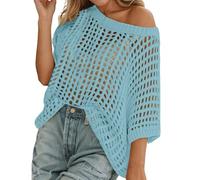 Générique Haut Crochet Femme Sexy Hollow Out Col Rond Manches Courtes Tricot Pull Décontracté Léger Respirant D'été Pull Femme Grande Taille Ample Sweat pour la Plage, Vacances, Quotidien