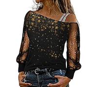 Générique Haut de Carnaval pour Femmes-Femmes Casual Glitter Print Mesh Manches Longues Hors Épaule Lâche Patchwork Top Blouse (Rose Gold, XL)