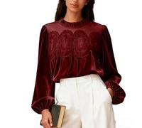 Générique Haut Dentelle Femme Manches Longues en Velours Tee Shirt Chic et Élégant Tops Décontractée Tee Top Lâche Casual Tunique Blouse Doux Confortable Chemise Vêtements Rouge L
