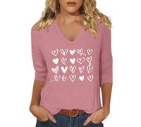Générique Haut Femme Tee Shirt Élégante Col V Blouse Chic et Elegant Manches 3/4 Haut Imprimé Cœur d'amour Couleur Unie T-Shirt Doux Confortable Chemise Casual Lâche Top
