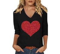 Générique Haut Femme Tee Shirt Élégante Col V Blouse Chic et Elegant Manches 3/4 Haut Imprimé Cœur d'amour Couleur Unie T-Shirt Doux Confortable Chemise Casual Lâche Top