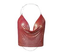 Générique Haut Paillettes,Femmes Imprimer ChaîNe Sexy VêTements Perles RéGlable sans Manches Dos Licou Haut Court Club DéBardeurs (B, L)