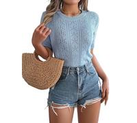 Générique Hauts D'Été pour Femmes T-Shirts en Maille Ajourée À Manches Courtes Pulls Légers Jolis Hauts De Plage Blouses pour Femmes Tenues De Vacances et De Tous Les Jours Bleu Clair Taille L