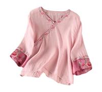 Générique Hauts en coton et lin pour femme, coupe ample, broderie traditionnelle chinoise, cloche, manches longues, style ethnique, chemisier pour femme