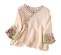 Générique Hauts en coton et lin pour femme, coupe ample, broderie traditionnelle chinoise, cloche, manches longues, style ethnique, chemisier pour femme