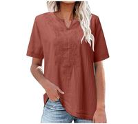 Générique Hauts pour Femmes UK Encoche Brodée Chemises en Lin V Cou Tshirts UK Manches Courtes Vintage Boho Casual en Vrac Blouses Élégantes Paysan Bohème Bureau Travail Élégant