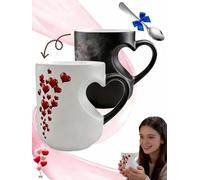 Générique Heart-Shaped Color Changing Magic Ceramic Mug, Heart Shaped Coffee Mug, Thermochromic Magic Reveal Design, Fun Novelty Coffee Cup for Valentine's Day, Anniversary and Mother's Day (One cup)