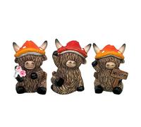 Générique Highland Cow Figurine, Resin Animal Sculpture Ornament for Outdoor, 3 Pieces Mushroom Hat Highland Cattle Statue, Home Garden Table Centerpiece Shelf Mantel Decoration