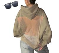 Générique Hollow Mesh Back Hoodie Women's,Sexy See Through Long Sleeve Sweatshirt,Crystal Mesh Breathable Party Top with Pocket