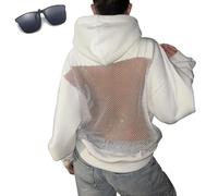 Générique Hollow Mesh Back Hoodie Women's,Sexy See Through Long Sleeve Sweatshirt,Crystal Mesh Breathable Party Top with Pocket