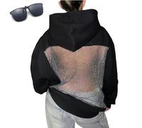 Générique Hollow Mesh Back Hoodie Women's,Sexy See Through Long Sleeve Sweatshirt,Crystal Mesh Breathable Party Top with Pocket