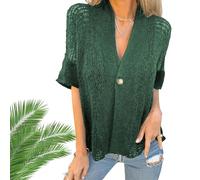 Générique Hollow V-Neck Single Button Loose Short Sleeves, Hollow Half Sleeve Cardigan, Crochet Cardigan for Women Lightweight (Green,S)