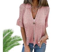 Générique Hollow V-Neck Single Button Loose Short Sleeves, Hollow Half Sleeve Cardigan, Crochet Cardigan for Women Lightweight (Pink,M)