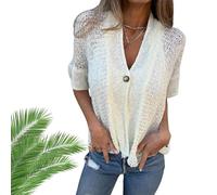 Générique Hollow V-Neck Single Button Loose Short Sleeves, Hollow Half Sleeve Cardigan, Crochet Cardigan for Women Lightweight (White,Grand)