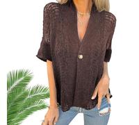 Générique Hollow V-Neck Single Button Loose Short Sleeves, Hollow Half Sleeve Cardigan, Crochet Cardigan for Women Lightweight (Brown,TG)