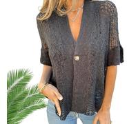 Générique Hollow V-Neck Single Button Loose Short Sleeves, Hollow Half Sleeve Cardigan, Crochet Cardigan for Women Lightweight (Black,3TG)