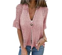 Générique Hollow V-Neck Single Button Loose Short Sleeves, Hollow Half Sleeve Cardigan, Lace Cardigan for Women for Beach and Home (Pink,3x_l)