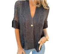 Générique Hollow V-Neck Single Button Loose Short Sleeves, Hollow Half Sleeve Cardigan, Lace Cardigan for Women for Beach and Home (Black,s)
