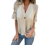 Générique Hollow V-Neck Single Button Loose Short Sleeves, Hollow Half Sleeve Cardigan, Lace Cardigan for Women for Beach and Home (Apricot,m)