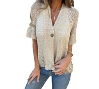 Générique Hollow V-Neck Single Button Loose Short Sleeves Women’s Crochet Cardigan Summer Hollow Out Lightweight Open Front Knit Sweater