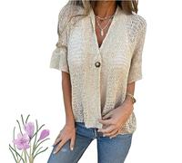 Générique Hollow V-Neck Single Button Loose Short Sleeves, Women's Lightweight Hollow Half Sleeve Crochet Cardigan (Beige,Grand)