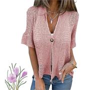 Générique Hollow V-Neck Single Button Loose Short Sleeves, Women's Lightweight Hollow Half Sleeve Crochet Cardigan (Pink,Grand)