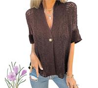 Générique Hollow V-Neck Single Button Loose Short Sleeves, Women's Lightweight Hollow Half Sleeve Crochet Cardigan (Brown,TG)