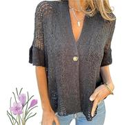 Générique Hollow V-Neck Single Button Loose Short Sleeves, Women's Lightweight Hollow Half Sleeve Crochet Cardigan (Black,TTG)
