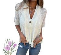Générique Hollow V-Neck Single Button Loose Short Sleeves, Women's Lightweight Hollow Half Sleeve Crochet Cardigan (White,M)