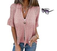Générique Hollow V-Neck Single Button Loose Short Sleeves, Women's Summer Crochet Lightweight Arrangenal Lace Cardigan (Pink,TTG)