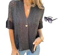 Générique Hollow V-Neck Single Button Loose Short Sleeves, Women's Summer Crochet Lightweight Arrangenal Lace Cardigan (Black,3TG)