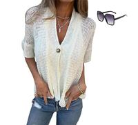Générique Hollow V-Neck Single Button Loose Short Sleeves, Women's Summer Crochet Lightweight Arrangenal Lace Cardigan (White,TG)