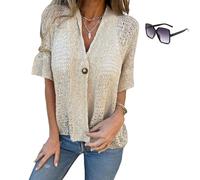 Générique Hollow V-Neck Single Button Loose Short Sleeves, Women's Summer Crochet Lightweight Arrangenal Lace Cardigan (Apricot,TTG)