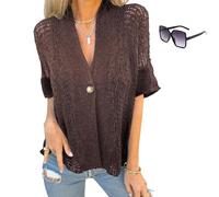 Générique Hollow V-Neck Single Button Loose Short Sleeves, Women's Summer Crochet Lightweight Arrangenal Lace Cardigan (Brown,S)