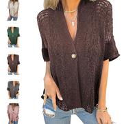 Générique Hollow V-Neck Single Button Loose Short SleevesHollow Half Sleeve Cardigan, V-Neck Short Down Loose Lace Cardigan (Brown,S)