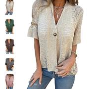 Générique Hollow V-Neck Single Button Loose Short SleevesHollow Half Sleeve Cardigan, V-Neck Short Down Loose Lace Cardigan (Apricot,3TG)