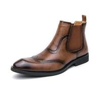 Générique Homme Bout Pointu Cuir PU Bottes De Brogue Vintage À Enfiler Bottines Chelsea Talon Plate Bottes Courtes,Marron,45 EU