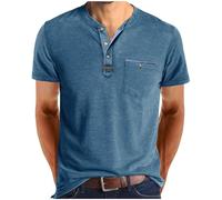 Générique Homme Henley T-Shirts à Manches Courtes Col Tunisien Boutons Coton Décontractée Slim Fit Chemises en Coton T-Shirt Homme Respirant Haut d'extérieur Fitness Tee Shirt Vetement Solde