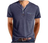 Générique Homme Henley T-Shirts à Manches Courtes Col Tunisien Boutons Coton Décontractée Slim Fit Chemises en Coton T-Shirt Homme Respirant Haut d'extérieur Fitness Tee Shirt Vetement Solde