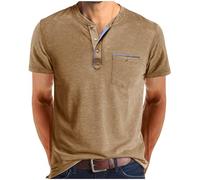 Générique Homme Henley T-Shirts à Manches Courtes Col Tunisien Boutons Coton Décontractée Slim Fit Chemises en Coton T-Shirt Homme Respirant Haut d'extérieur Fitness Tee Shirt Vetement Solde