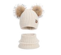 Générique Homme Laine Rouge En Fourrure Cable Knit Ensemble Bonnet Echarpe Gant Femme Cachemire Chèche Cache-Cou Moto Doux Chale Hiver Chaud Original Cuir Round Neck