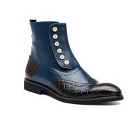 Générique Hommes Bout Rond Brogue Bottines Cuir PU Bottines De Travail avec Bouton Talon Plate Botte Décontractées,Bleu,43 EU